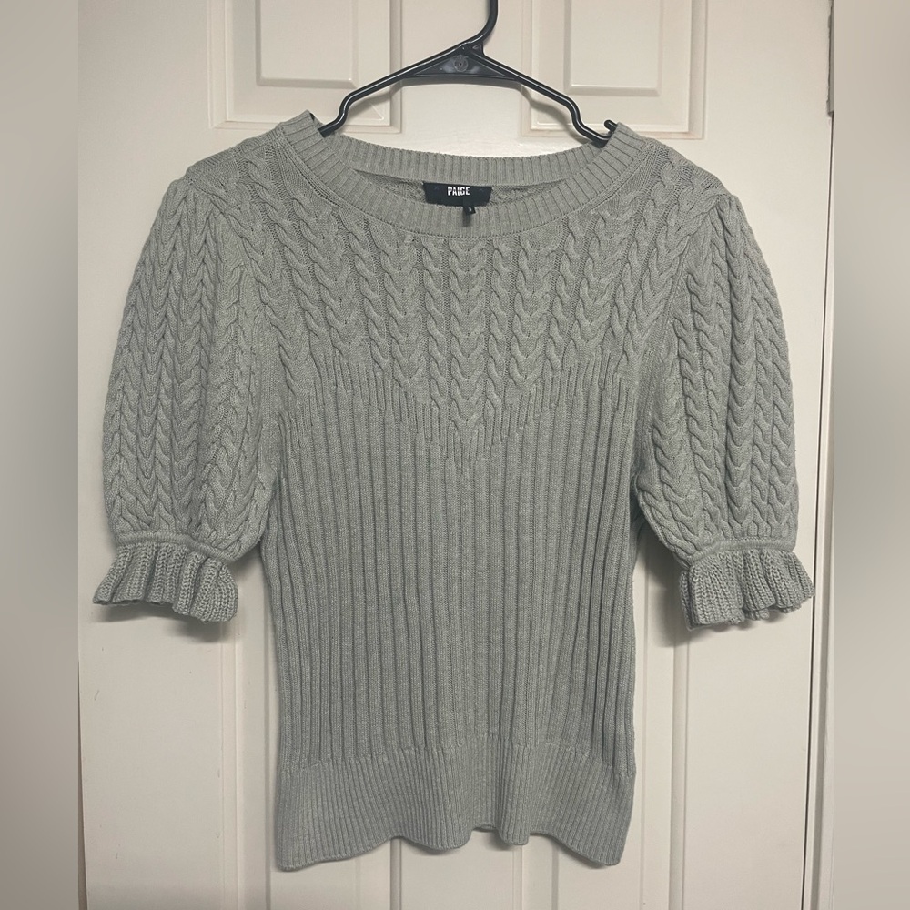 PAIGE Ansa Sage Cable Knit Puff Sleeve Sweater